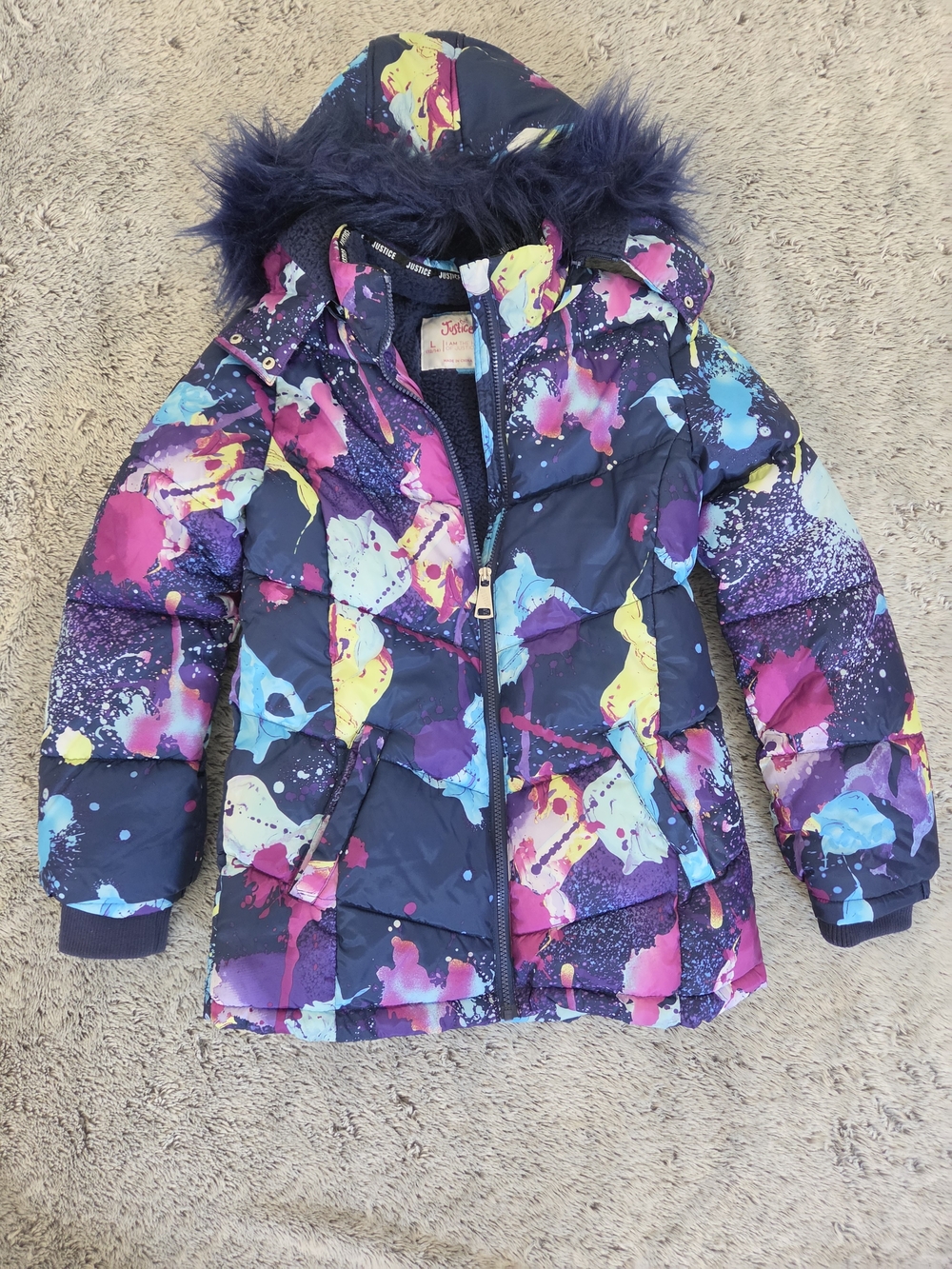 Justice Navy Multicolor Splash Puffer Coat with Faux-Fur Hood